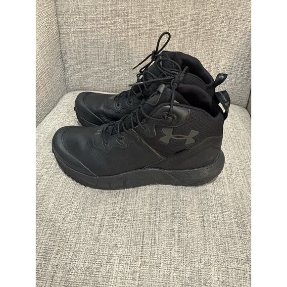 Men's Under Armour Micro G Valsetz Mid Leather Waterproof Boots Black Size 11 - Picture 1 of 8